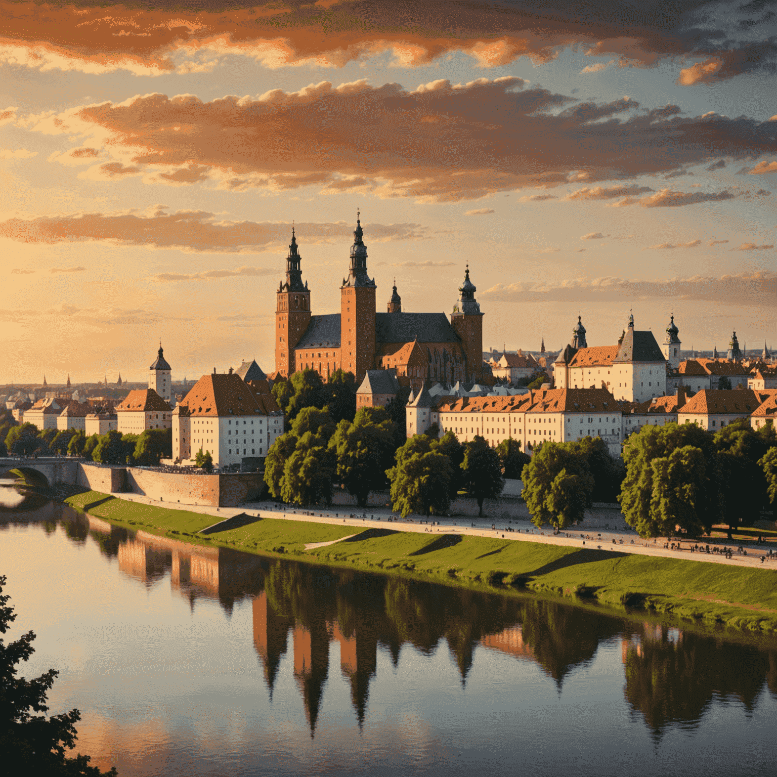 Panorama Krakowa z Wawelem i Wisłą o zachodzie słońca